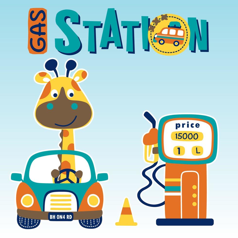 Funny giraffe on car with gas station, vector cartoon illustration