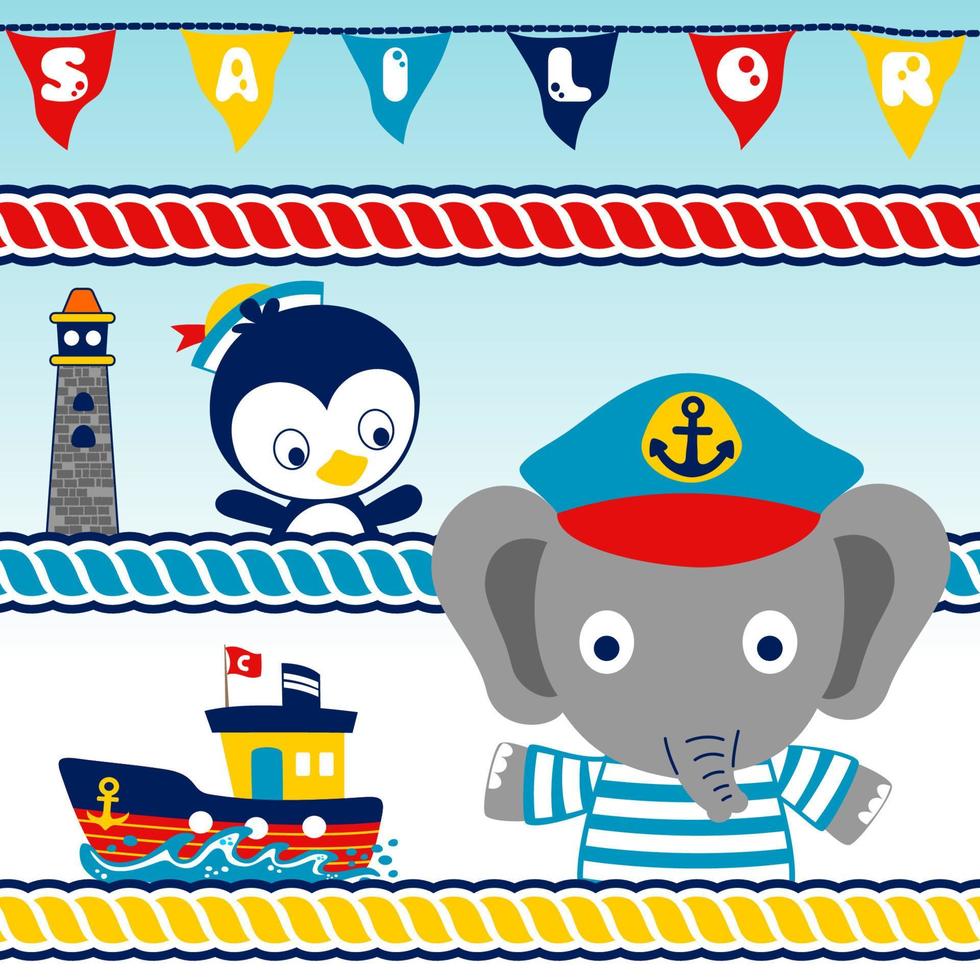 linda elefante con pequeño pingüino en marinero traje, navegación elementos, vector dibujos animados ilustración