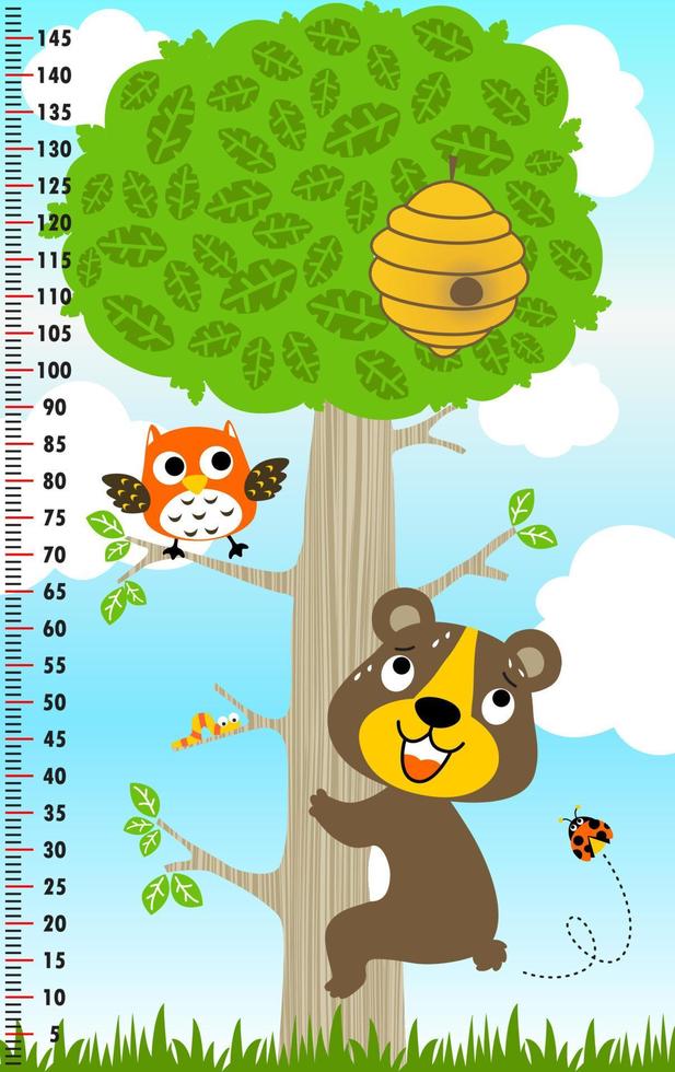 meter wall with big tree and funny animals, bear climbing tree, vector cartoon illustration