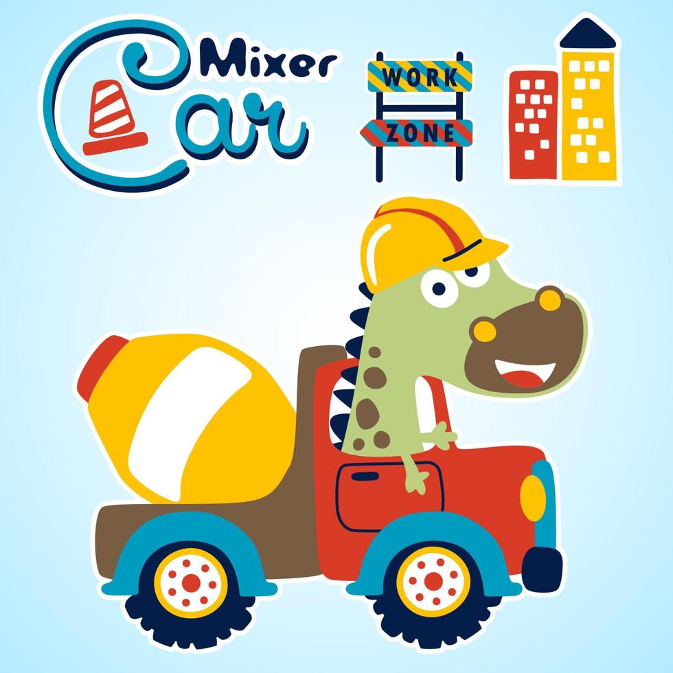 Cute dinosaur on mixer truck with construction elements, vector cartoon illustration