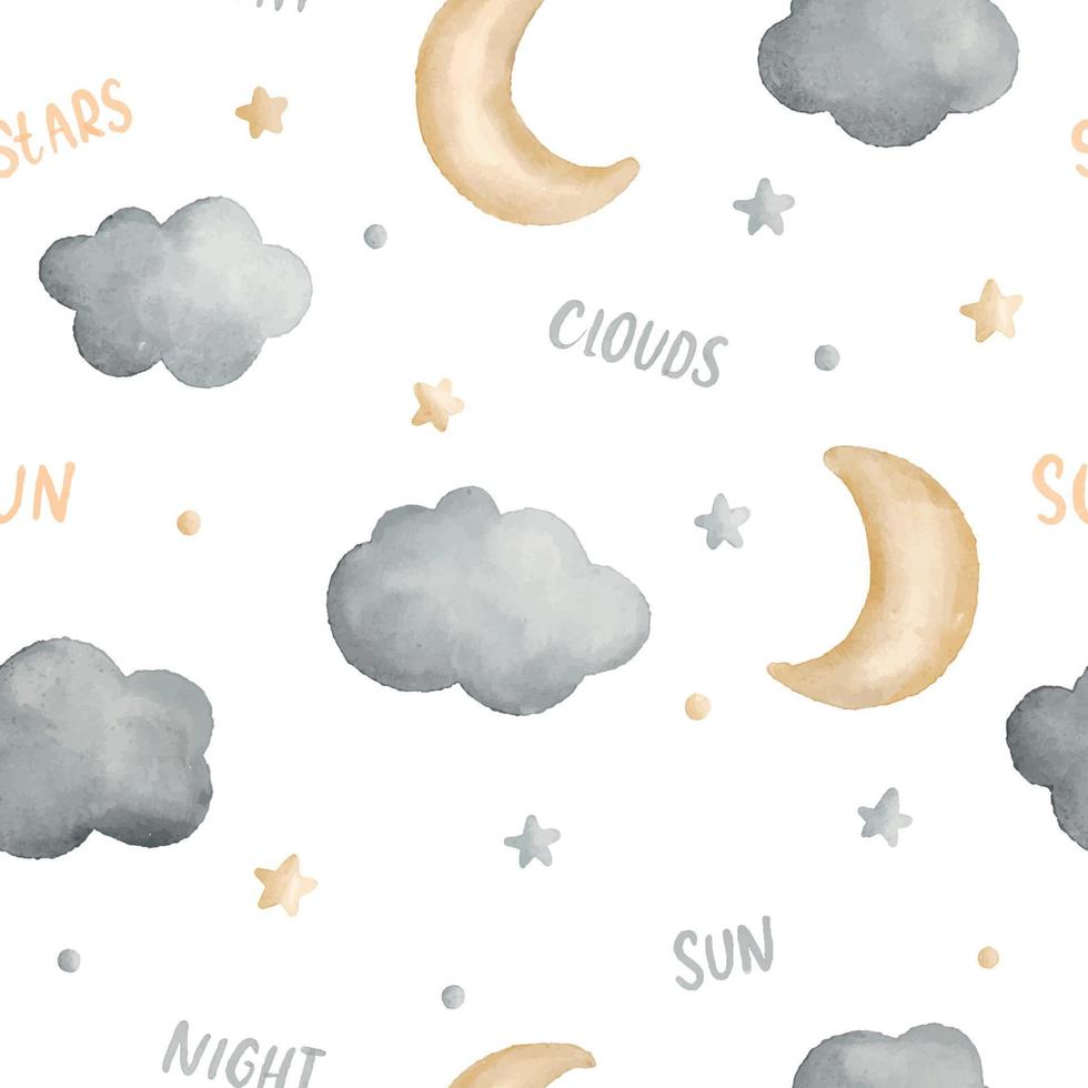 Watercolor seamless newborn baby, kids pattern with moon, cloud and star. vector