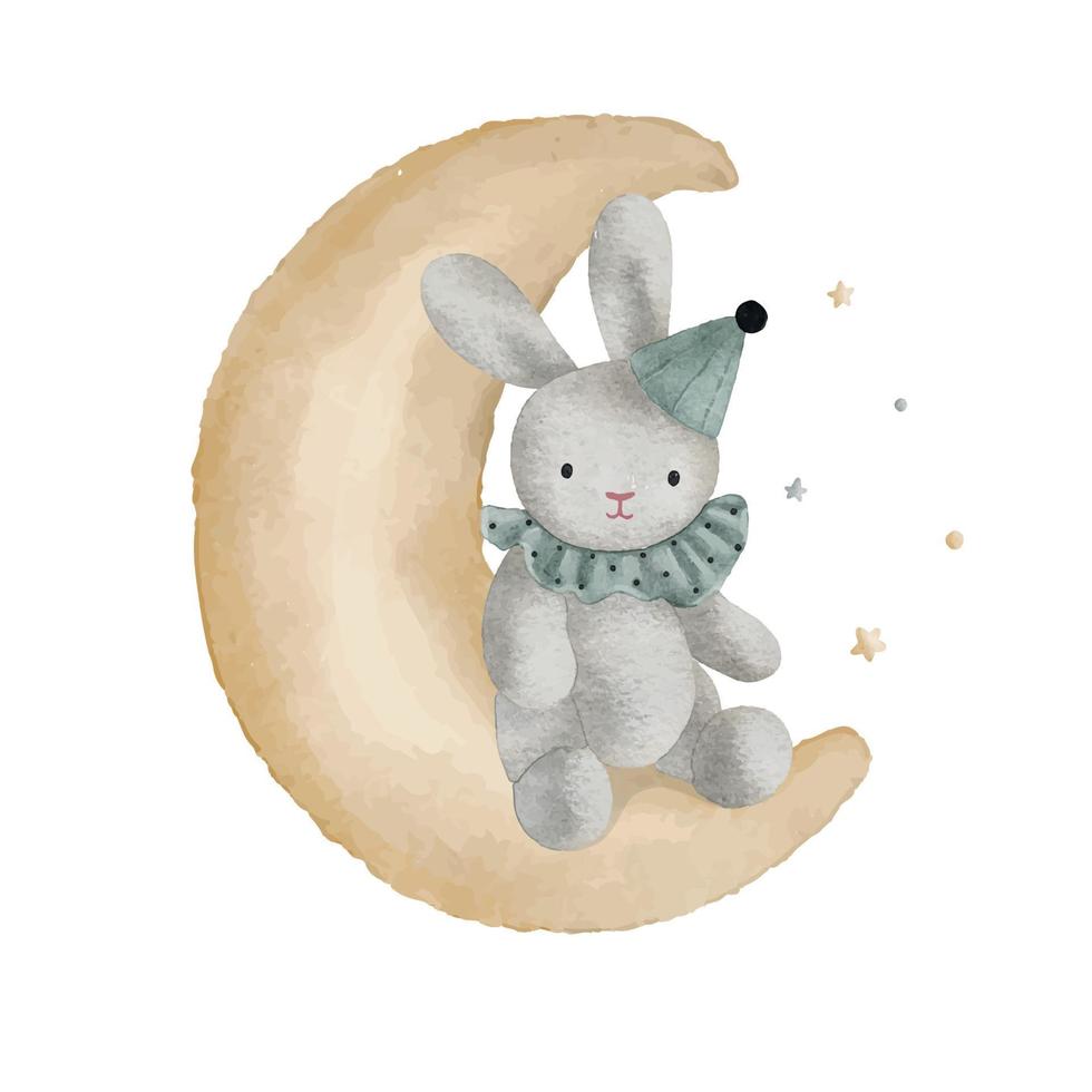 Cute bunny on the moon with little stars, watercolor vector illustration.