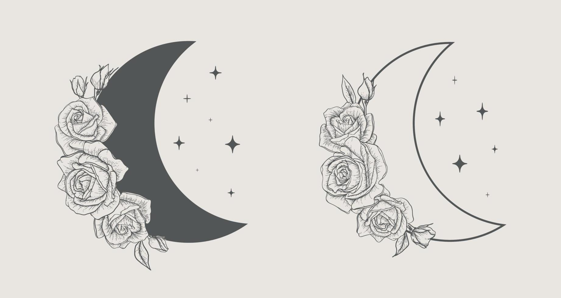 Crescent moon of flowers in a trendy minimal linear style. Vector floral outline icon. Tattoo design, logo, wedding invitation, greeting card.