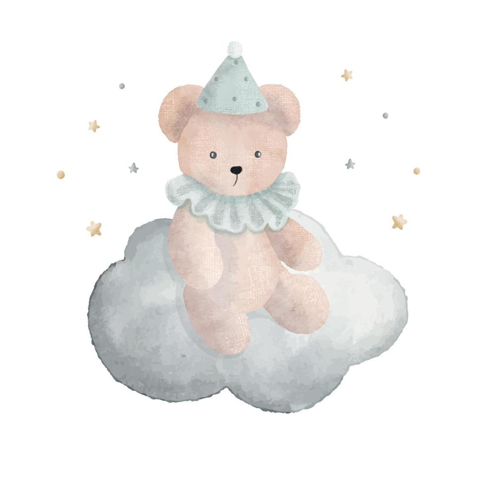 Cute Teddy Bear on the cloud with little stars, watercolor vector illustration.