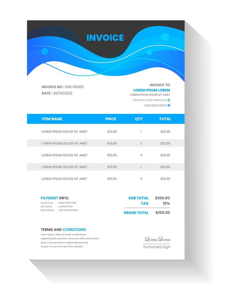 corporate modern minimal Business invoice form template. Invoicing quotes, money bill, Tax form, payment receipt, price invoices and payment agreement design template. vector