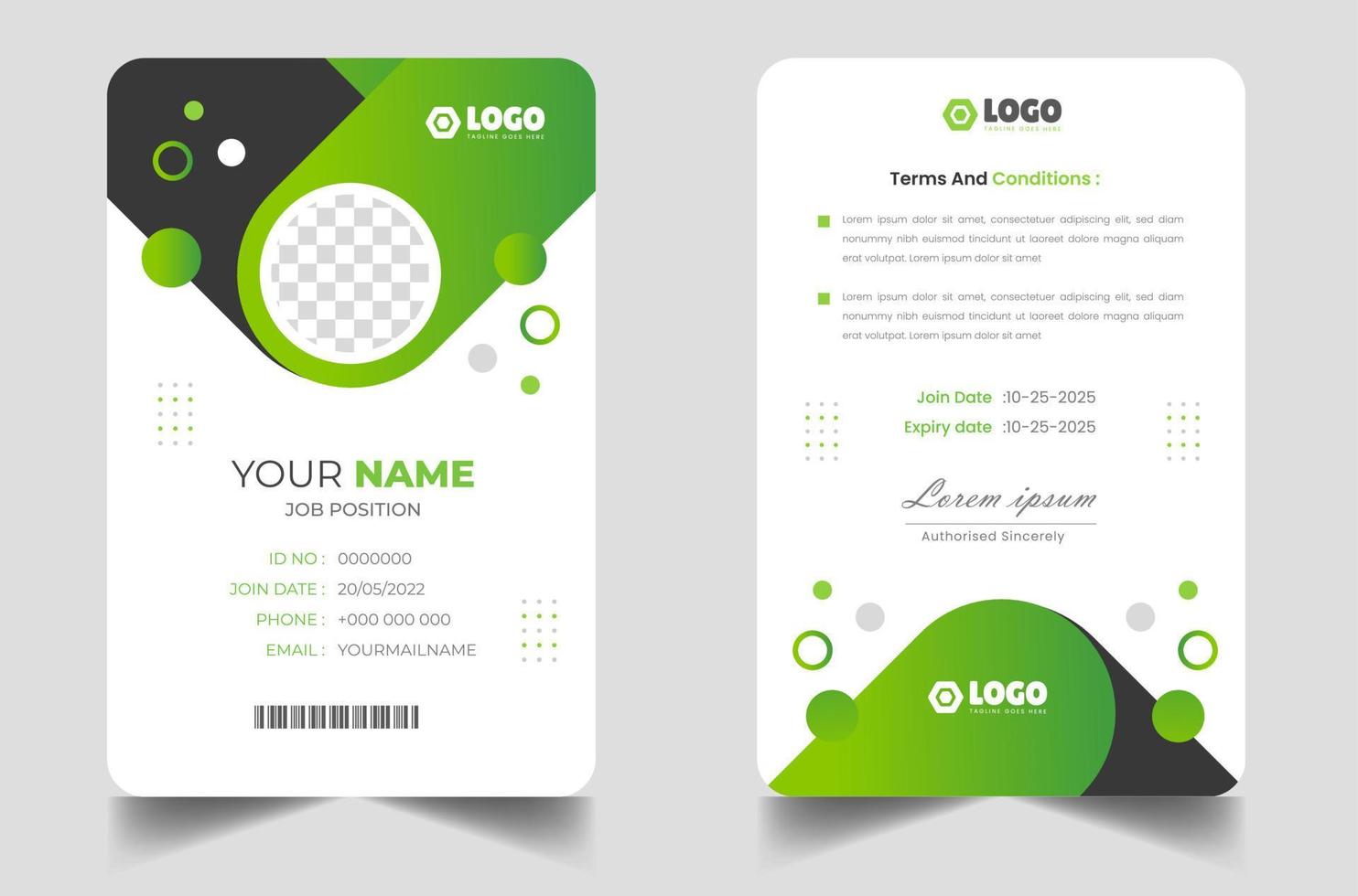 Modern and clean business id card template. professional id card design template with green color. corporate modern business id card design template. Company employee id card template. vector