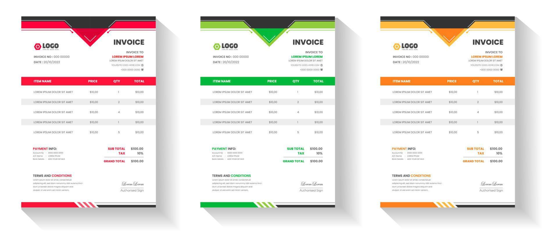 corporate modern minimal Business invoice form template. Invoicing quotes, money bill, Tax form, payment receipt, price invoices and payment agreement design template set. vector