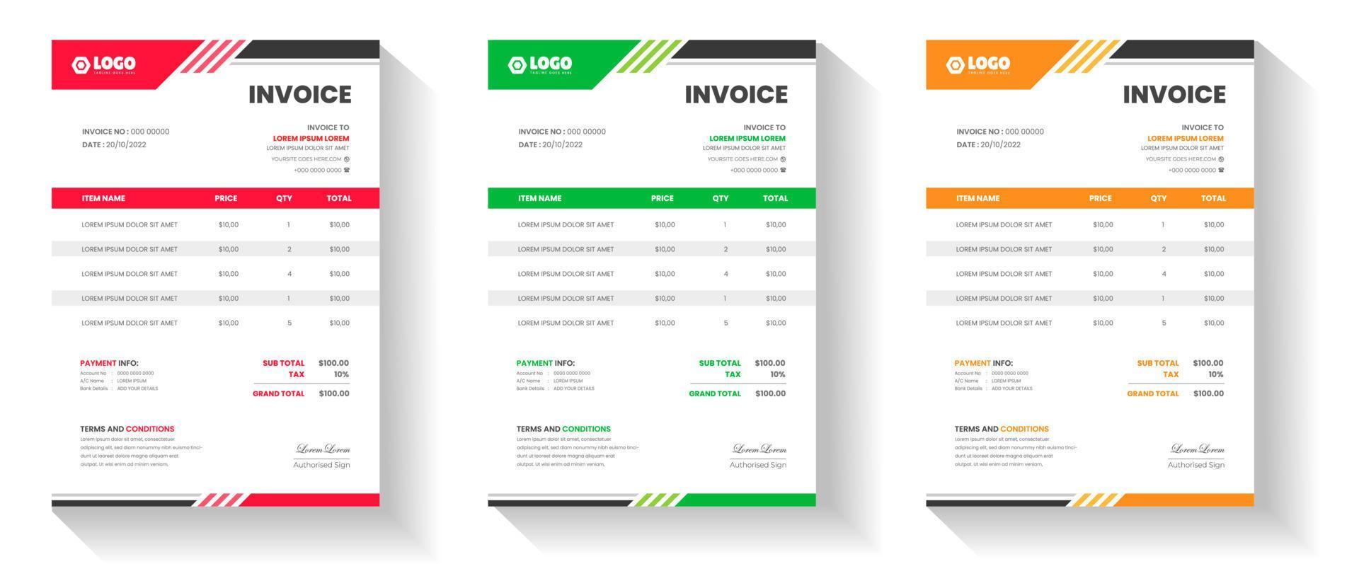 corporate modern minimal Business invoice form template. Invoicing quotes, money bill, Tax form, payment receipt, price invoices and payment agreement design template set. vector