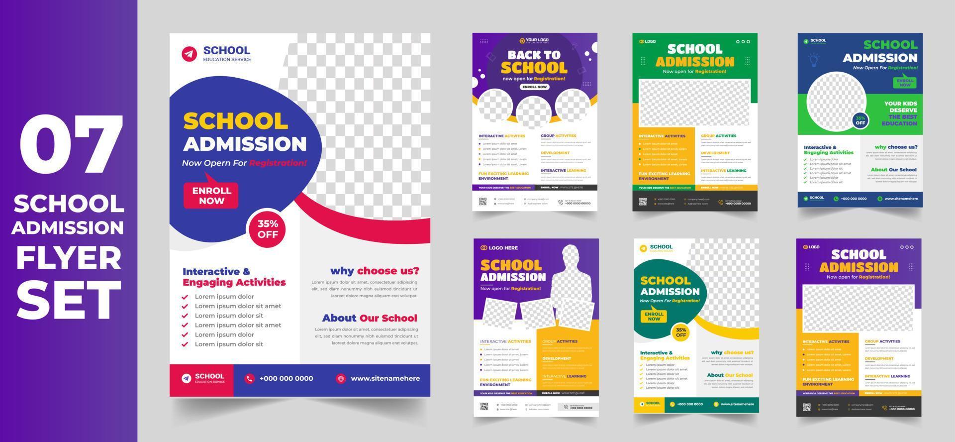 set of 7 Mega collection school admission flyer design template. school admission flyer bundle. school admission flyer set. set of 7 Item back to school flyer with unique shapes. vector