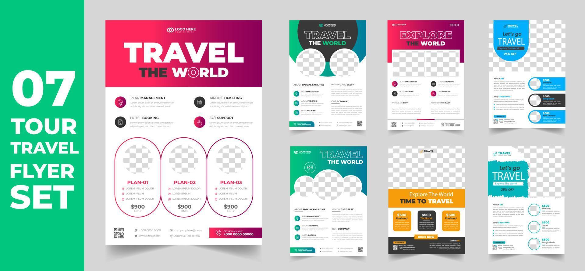 set of 7 Mega collection tour and travel flyer design template. tour and travel flyer bundle. tour and travel flyer set. set of 7 Item tour and travel flyer with unique shapes. vector