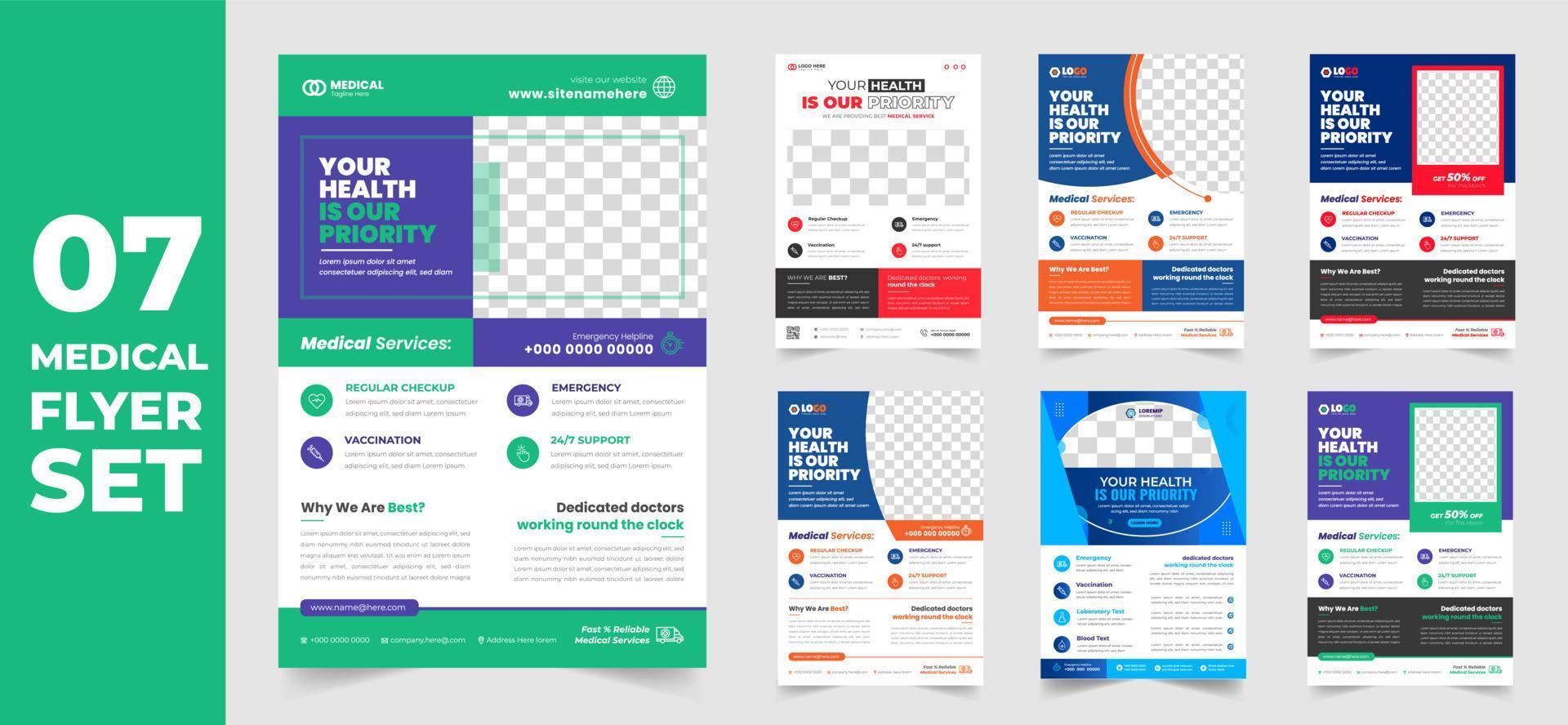 set of 7 Mega collection medical health care doctor flyer design template. medical healthcare flyer bundle. healthcare flyer set. set of 7 Item medical healthcare flyer with unique shapes. vector