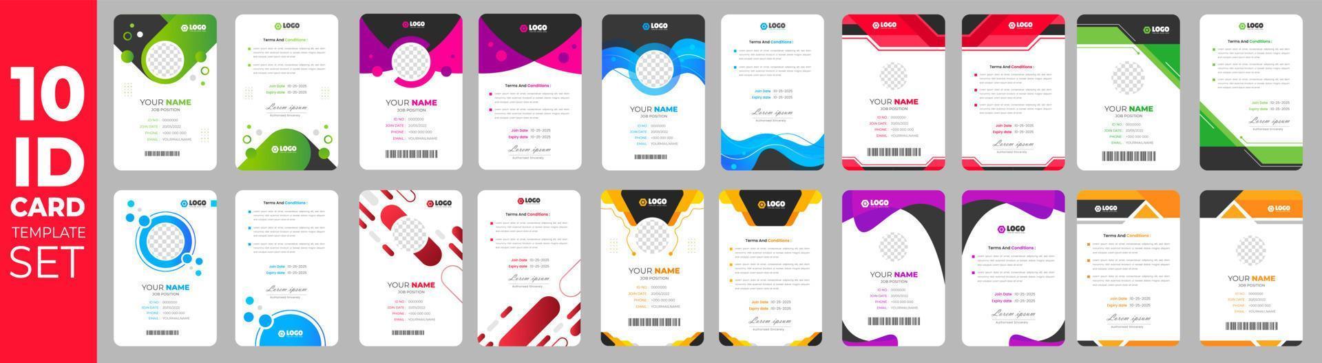 set of 10 Mega collection corporate business id card design template. business id card. id card bundle. Company employee id card set template. vector