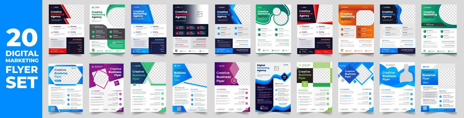 set of 20 Mega collection digital marketing corporate business flyer design template. digital marketing flyer bundle. business flyer bundle. set of 20 Item digital marketing flyer with unique shapes. vector