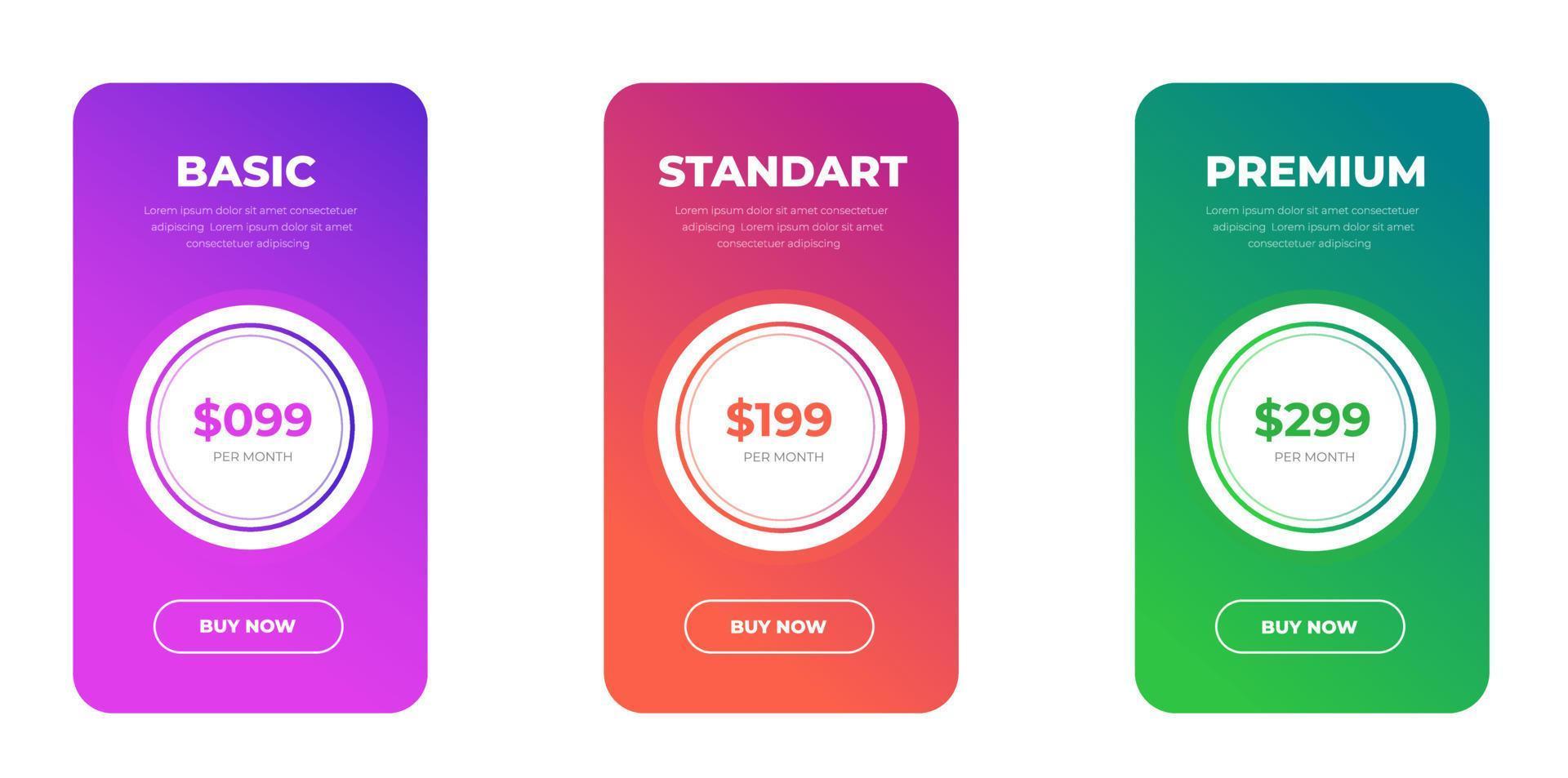 pricing table and pricing chart Price list vector template for web or app. Ui UX design tables with tariffs, subscription and business plans. Comparison business web plans, 3 column grid design.