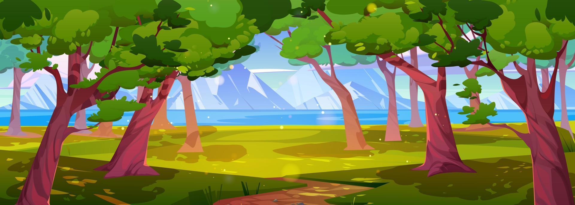 Forest summer valley scene with lake, mountain vector