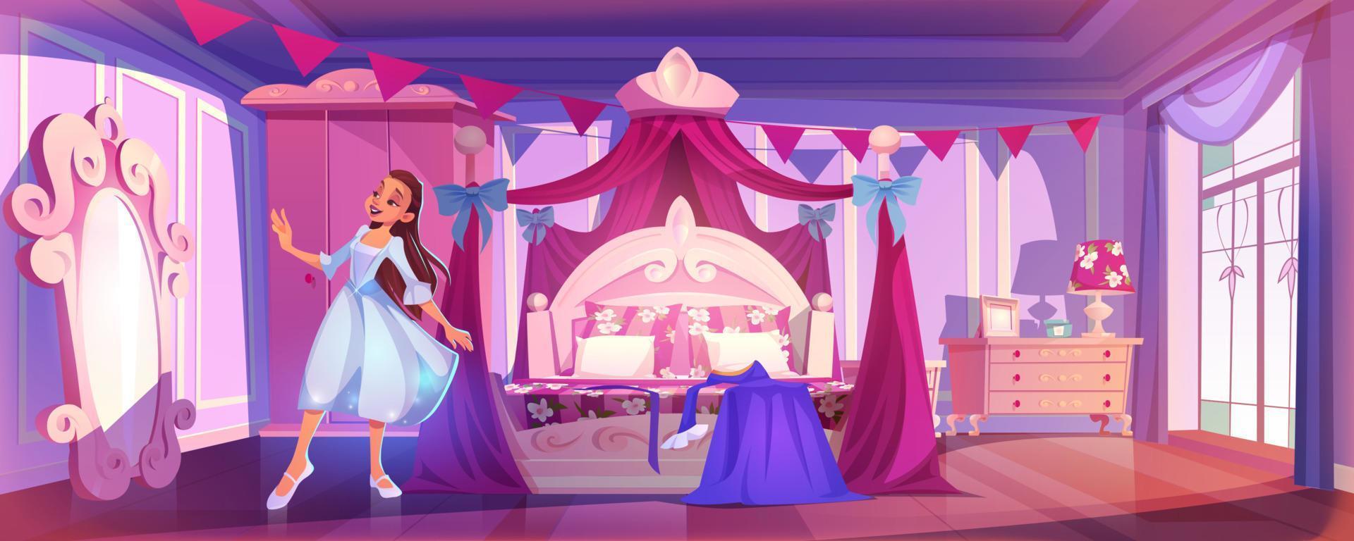 hermosa princesa en rosado real dormitorio vector