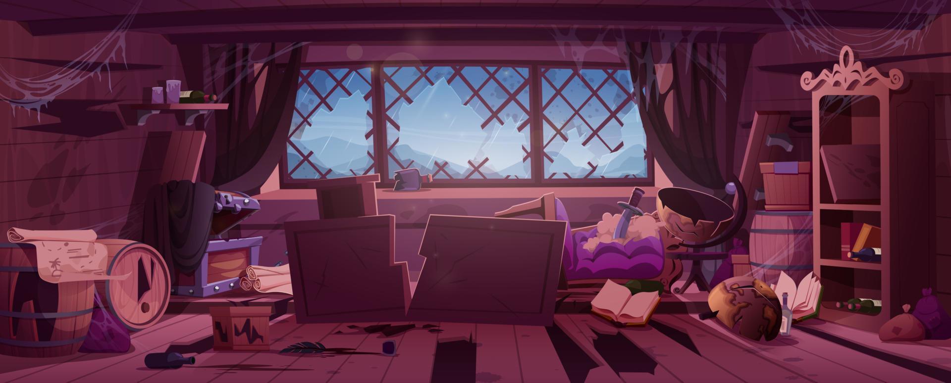 Old broken pirate ship cabin inside vector