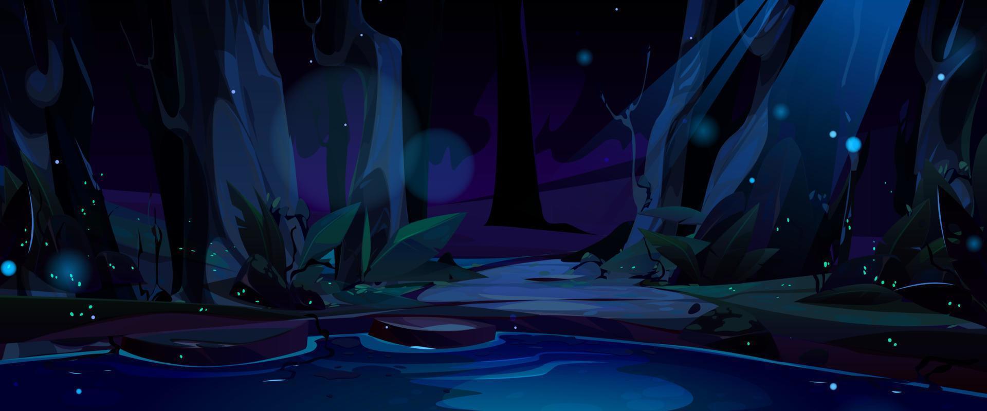 noche paisaje con lago agua debajo luz de la luna vector