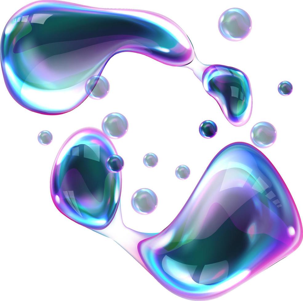 Bursting soap rainbow bubbles with reflections vector