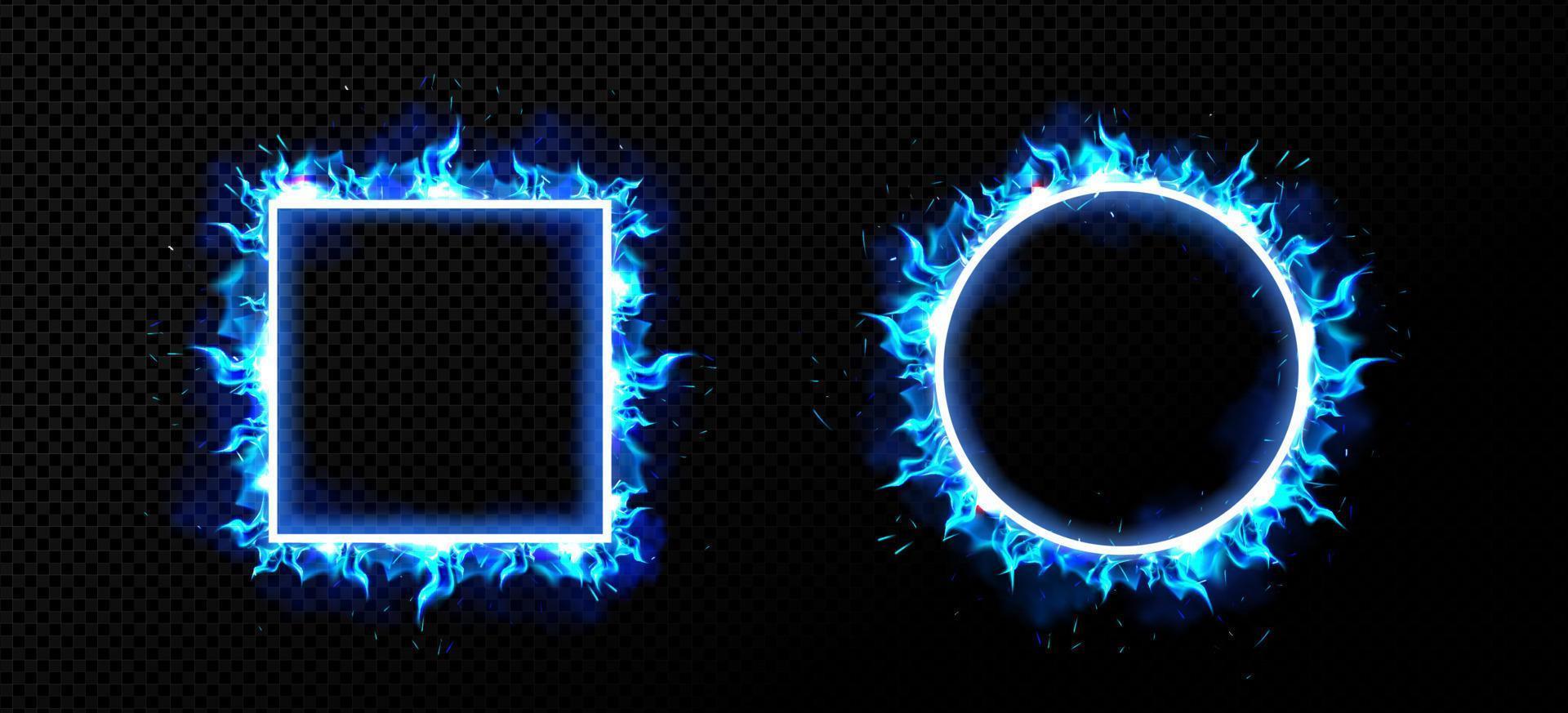 Square and round blue fire frames png vector