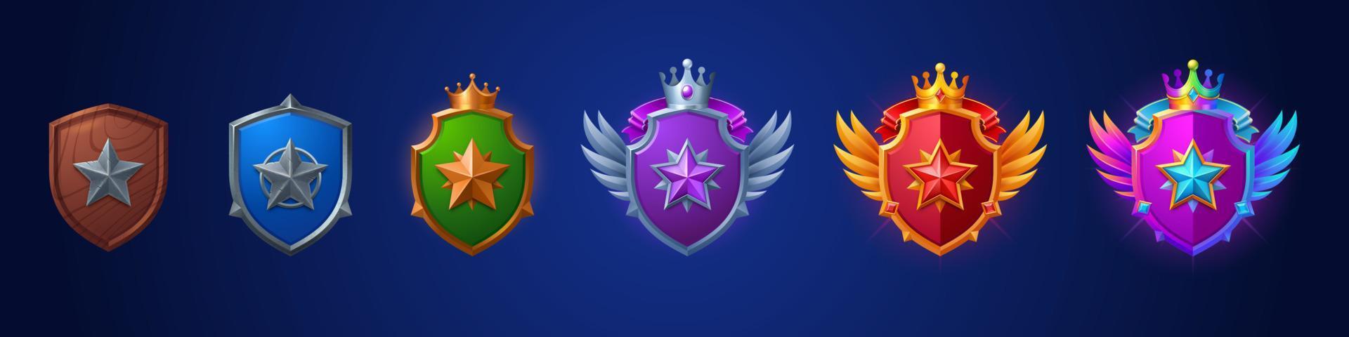 juego clasificación insignias con escudos con estrella vector