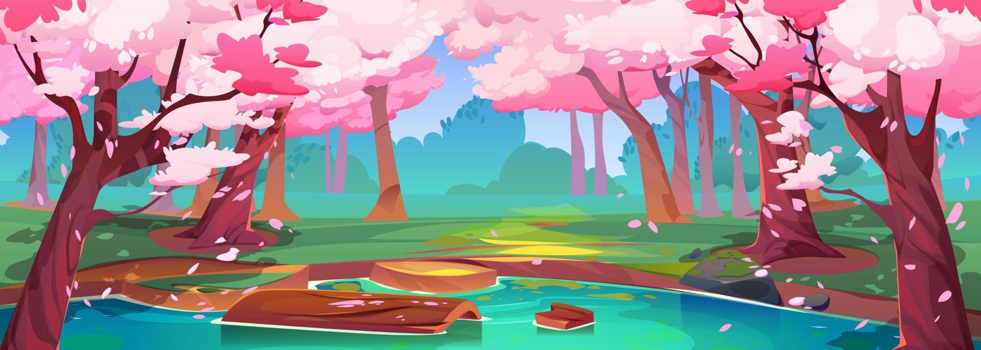 Spring forest with japanese cherry trees and lake vector