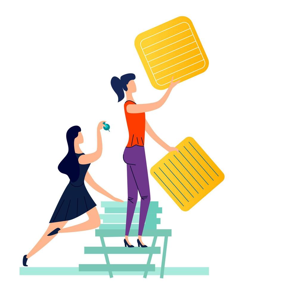 Two women fix task cards to wall using pins vector