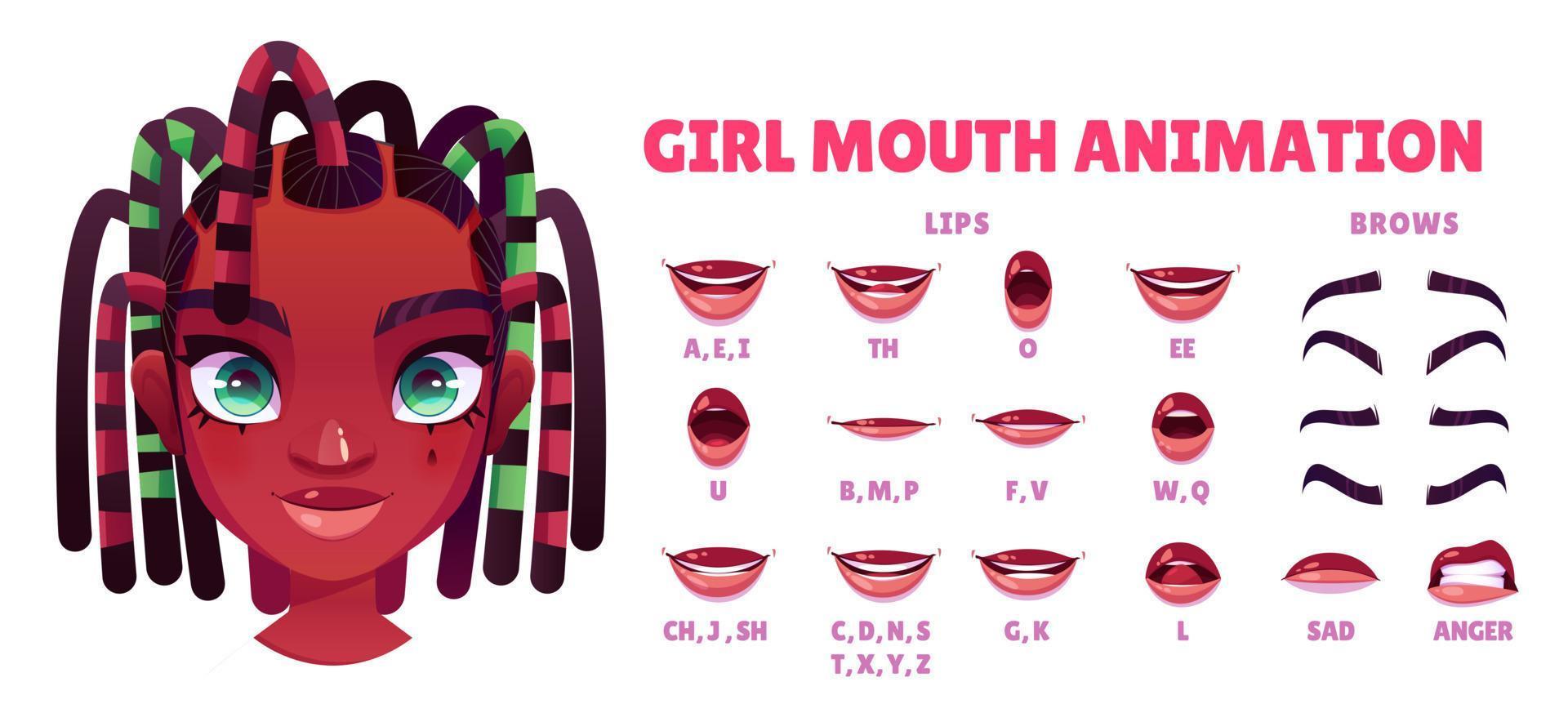 African American girl mouth animation set on white vector