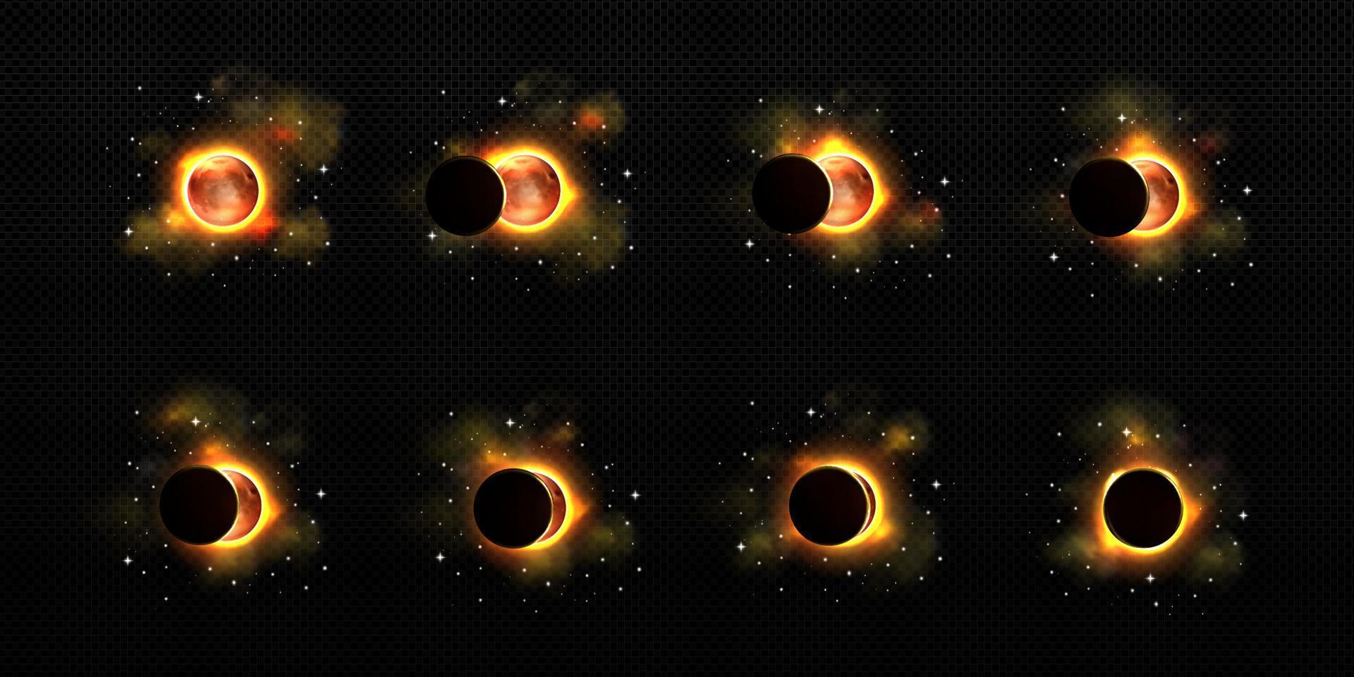 Dom y Luna en solar eclipse en diferente etapas vector