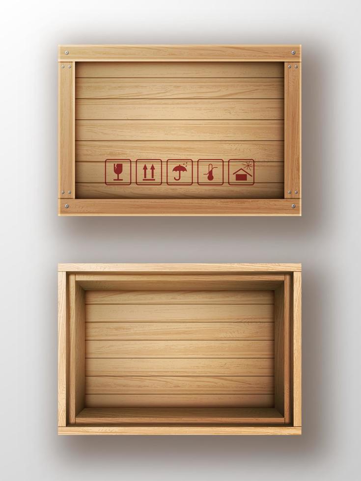 Wooden box open and closed realistic vector