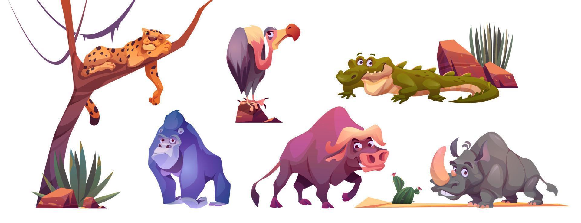 dibujos animados conjunto de africano salvaje animales en blanco vector