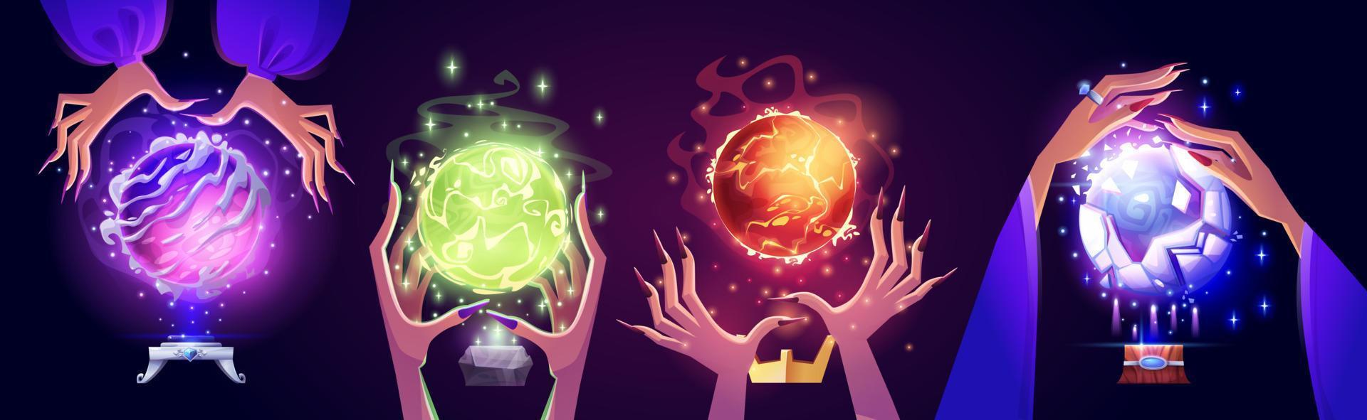 Cartoon set of witch hands with magic ball vector