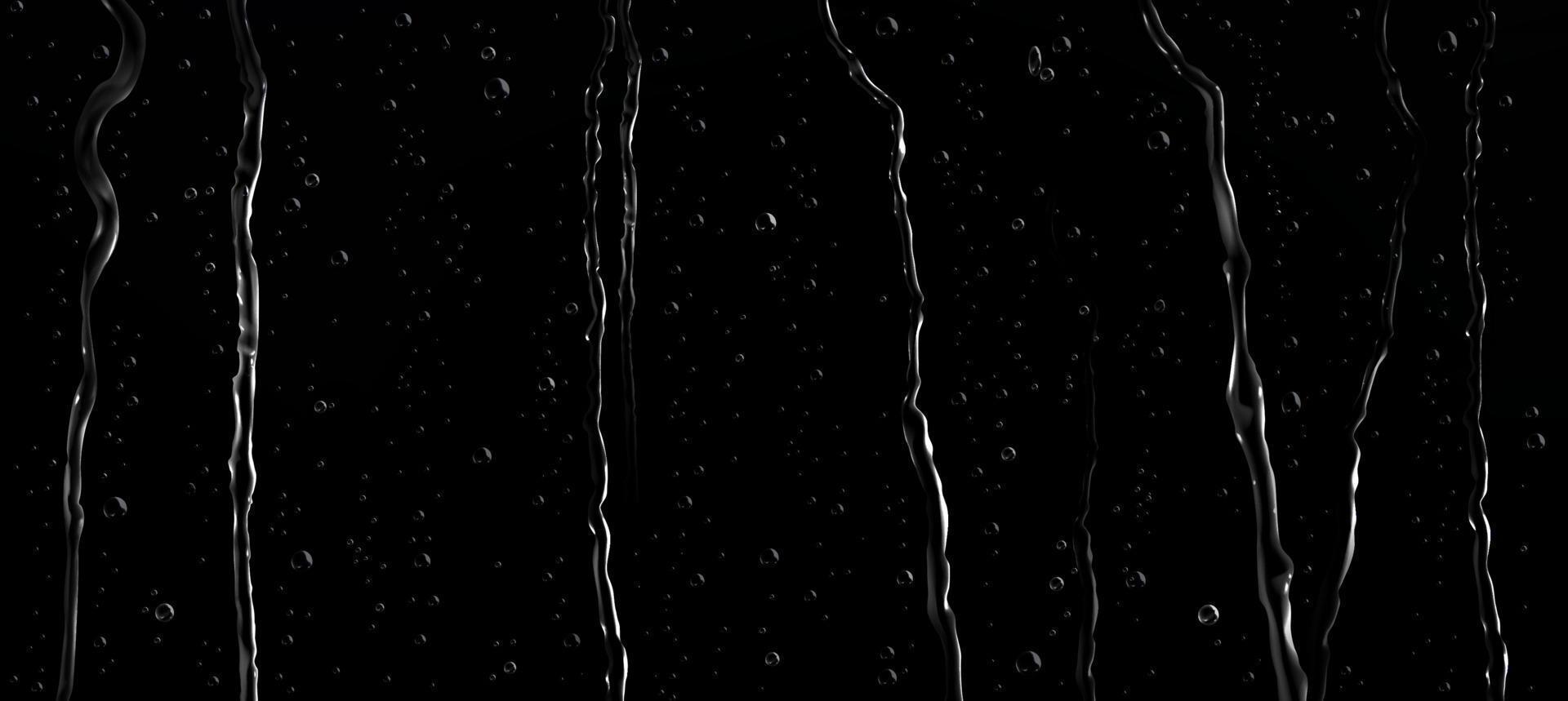 realista agua gotas y corrientes en negro vector