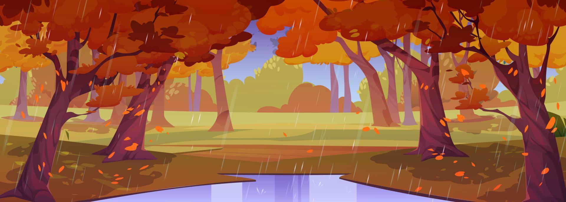 Rain in autumn forest, nature landscape, fall park vector