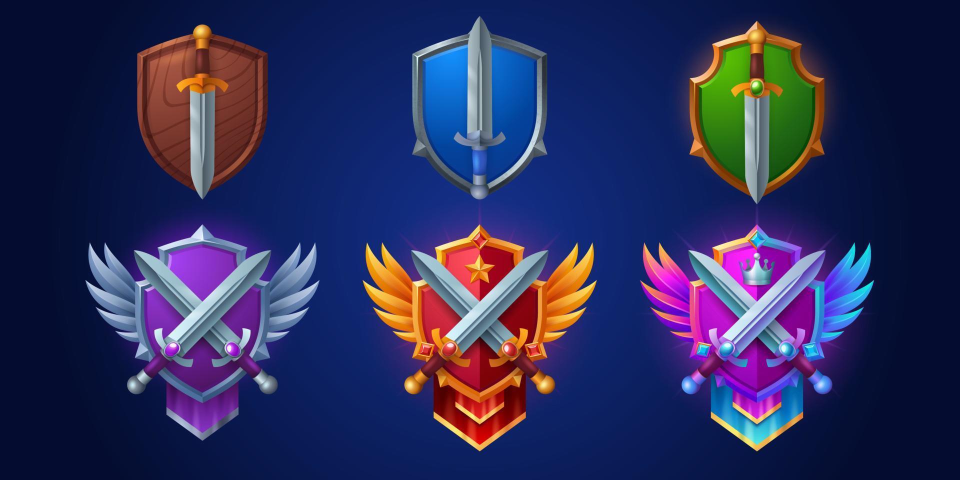 Game ranking badges with shields and swords vector