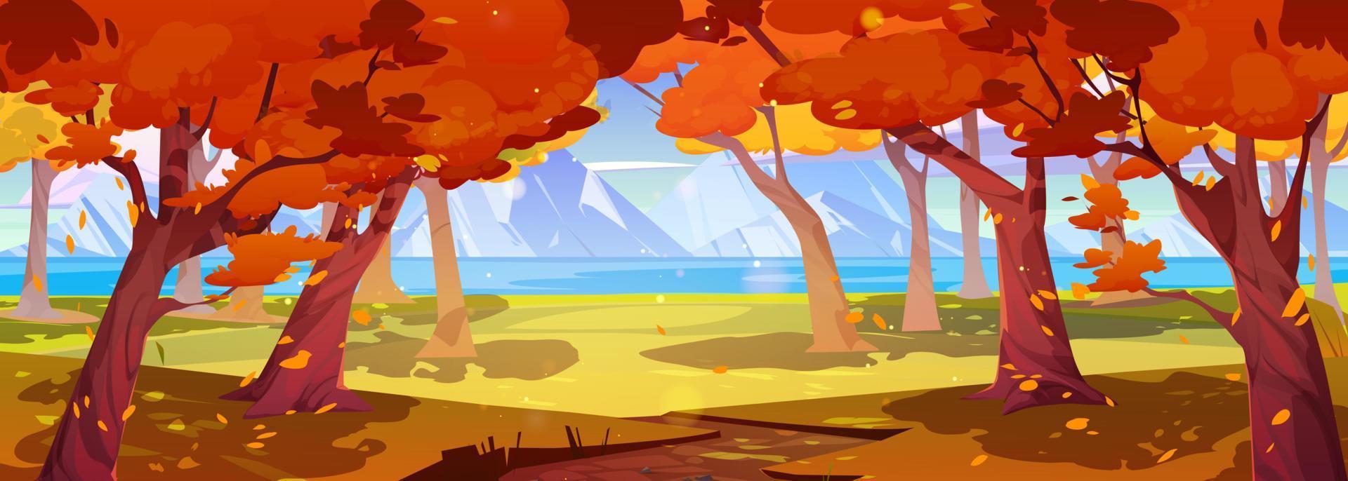 Forest autumn valley scene with lake, mountain vector