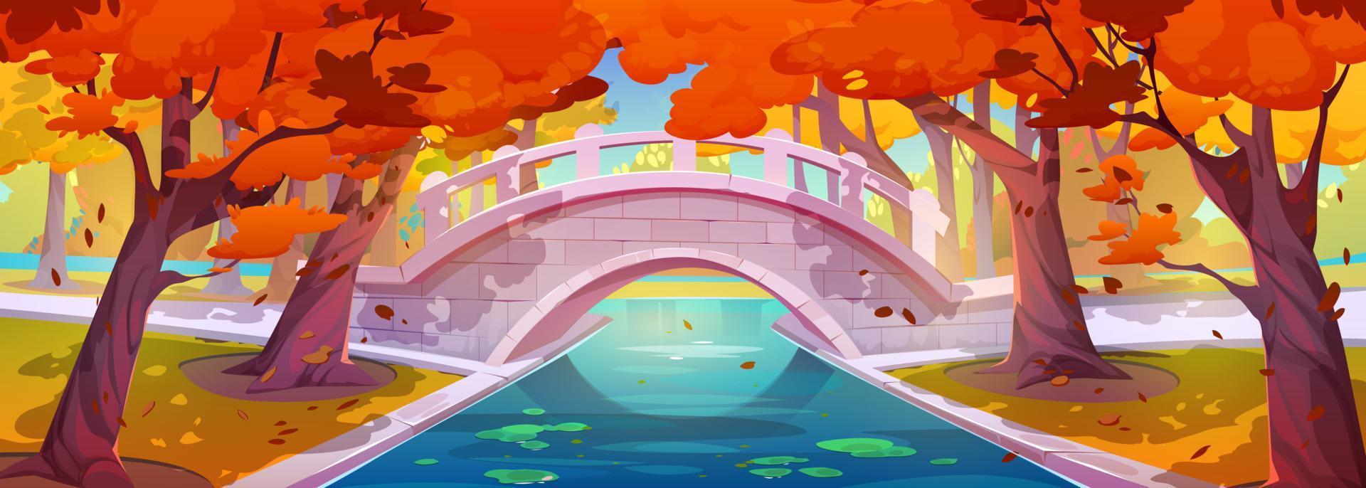 Autumn park landscape with bridge over pond vector