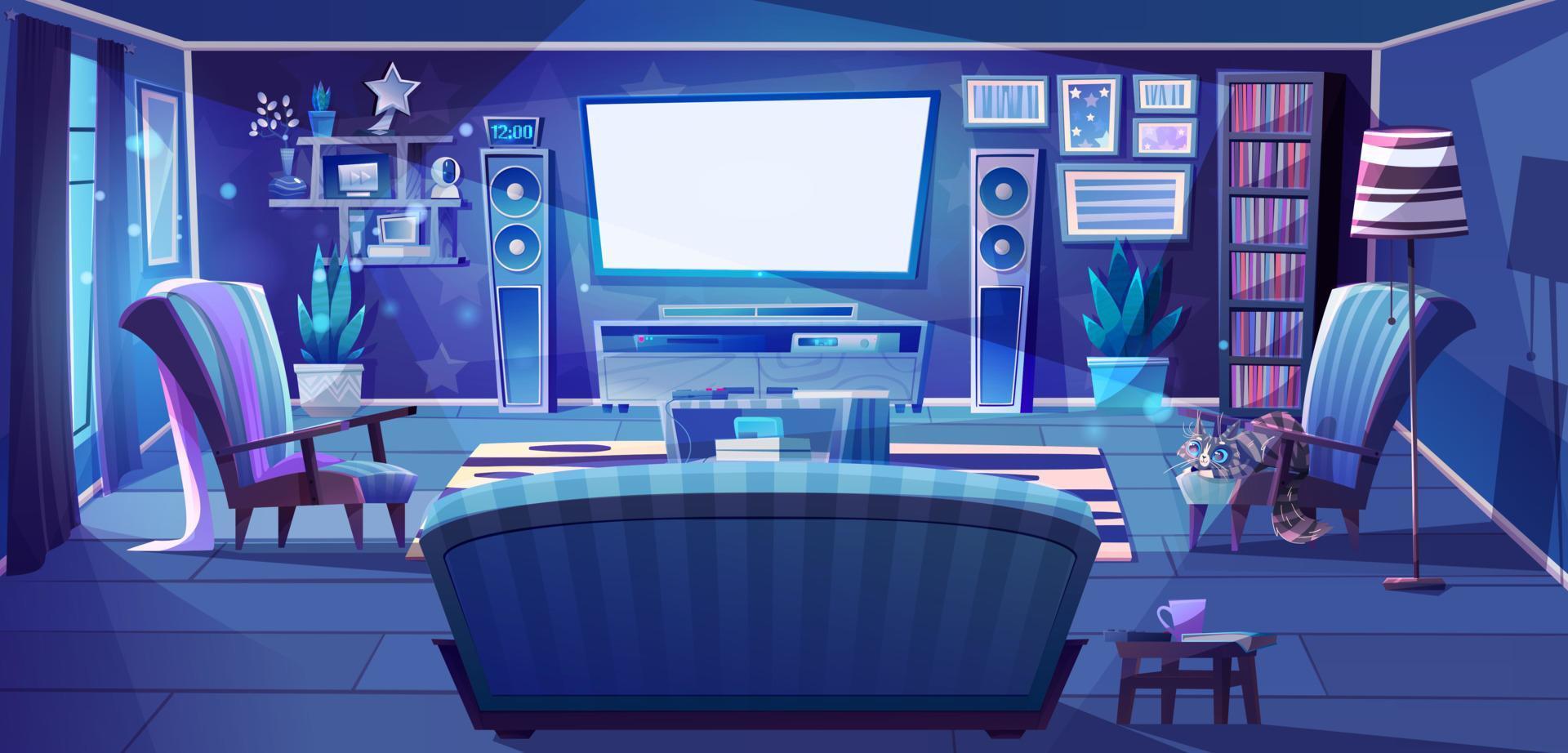 Living room with tv and game console at night vector