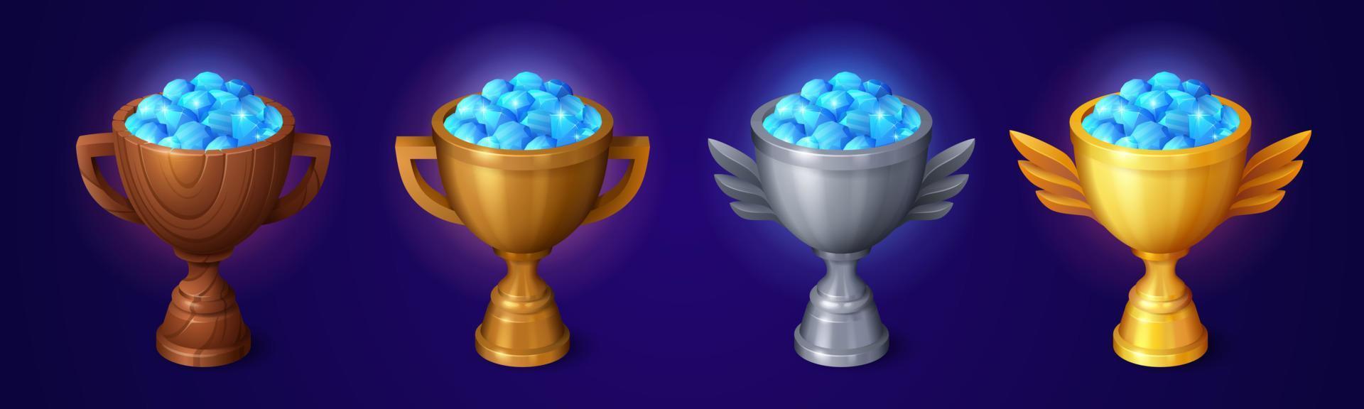 Set of winner trophy cups full of diamond crystals vector