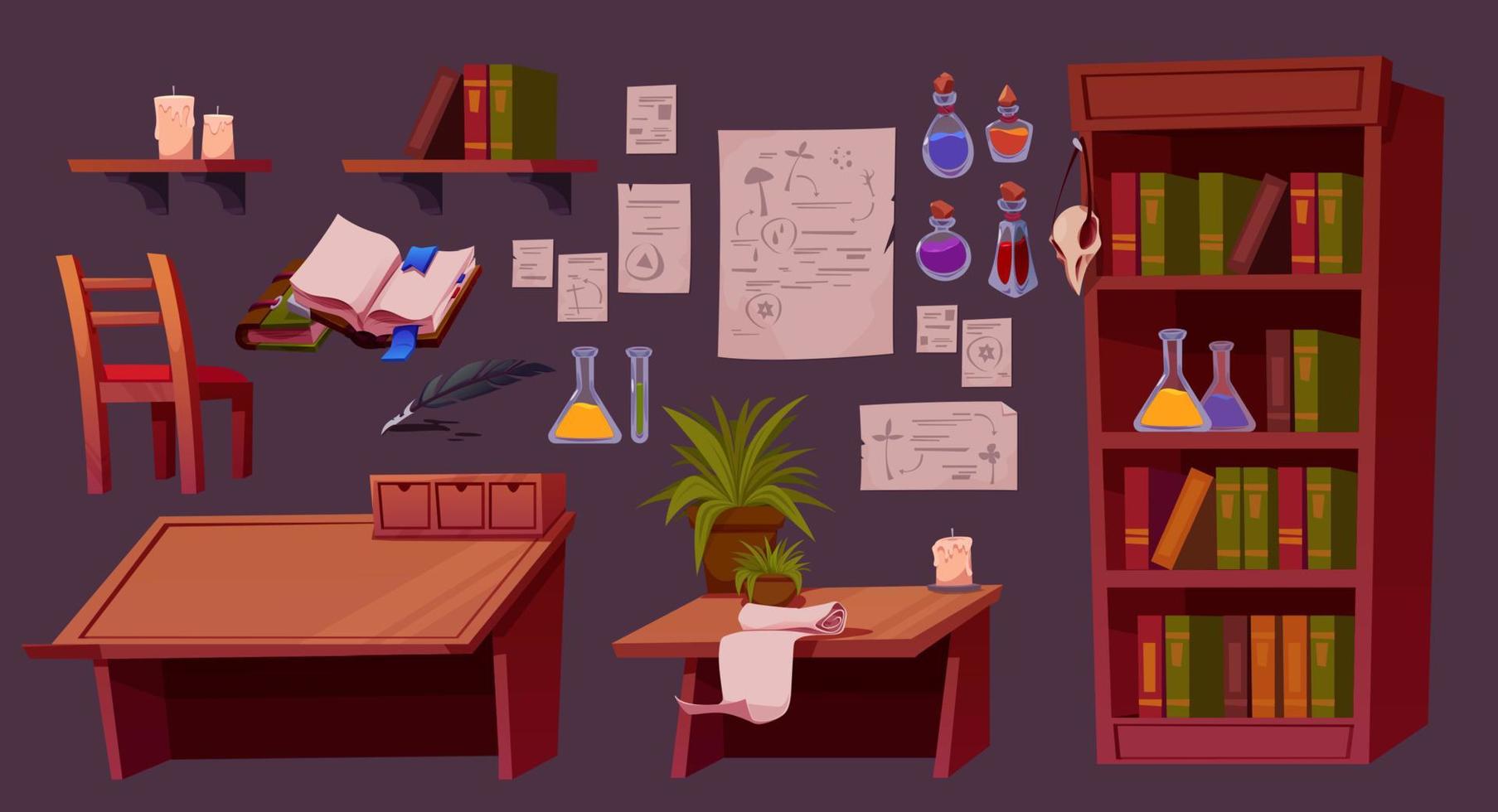 Cartoon set of furniture for alchemist room vector