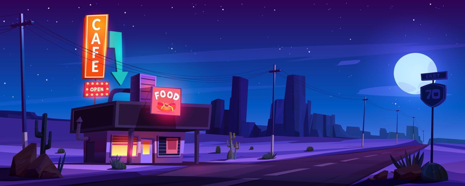 Cafe, american diner on road in desert at night vector