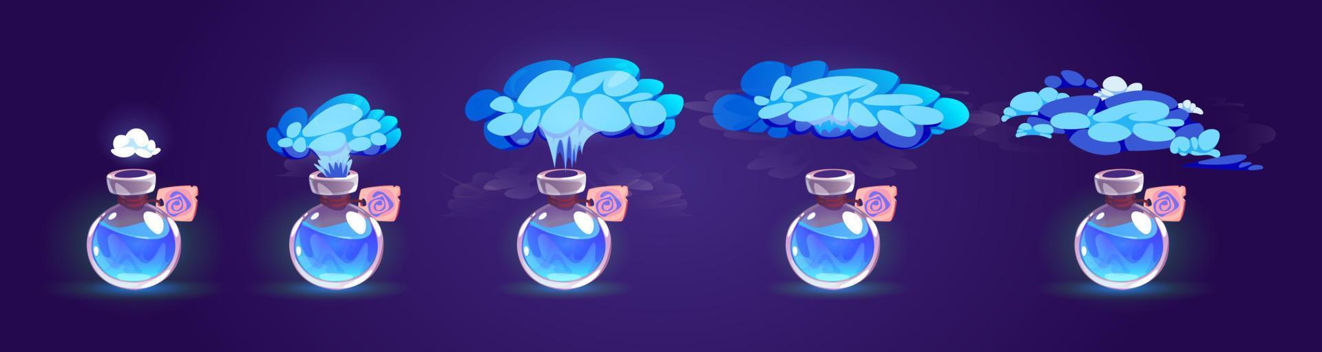 Bottle with blue magic potion and smoke vector