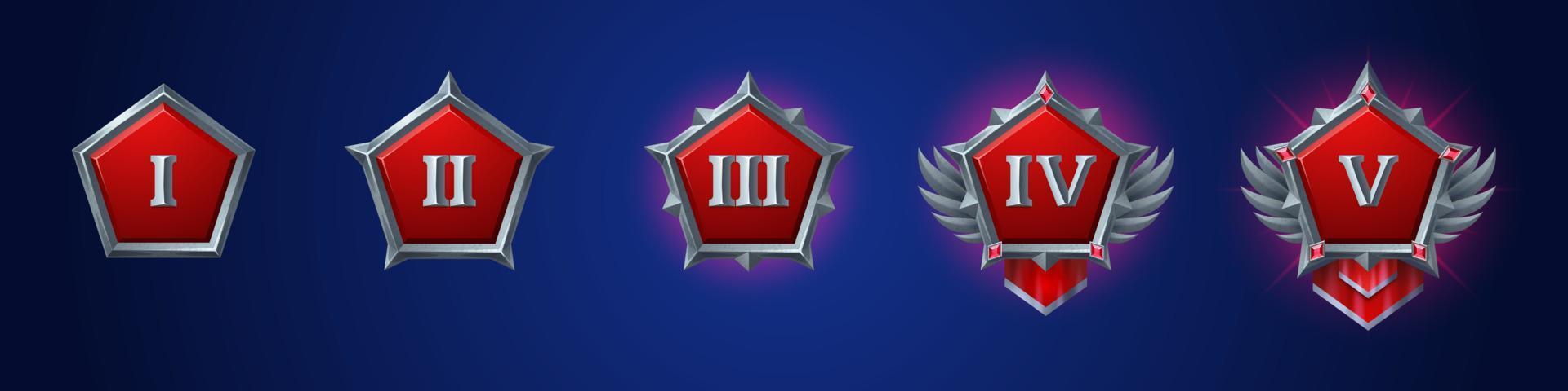 Level rank badges, game icons with roman numerals vector