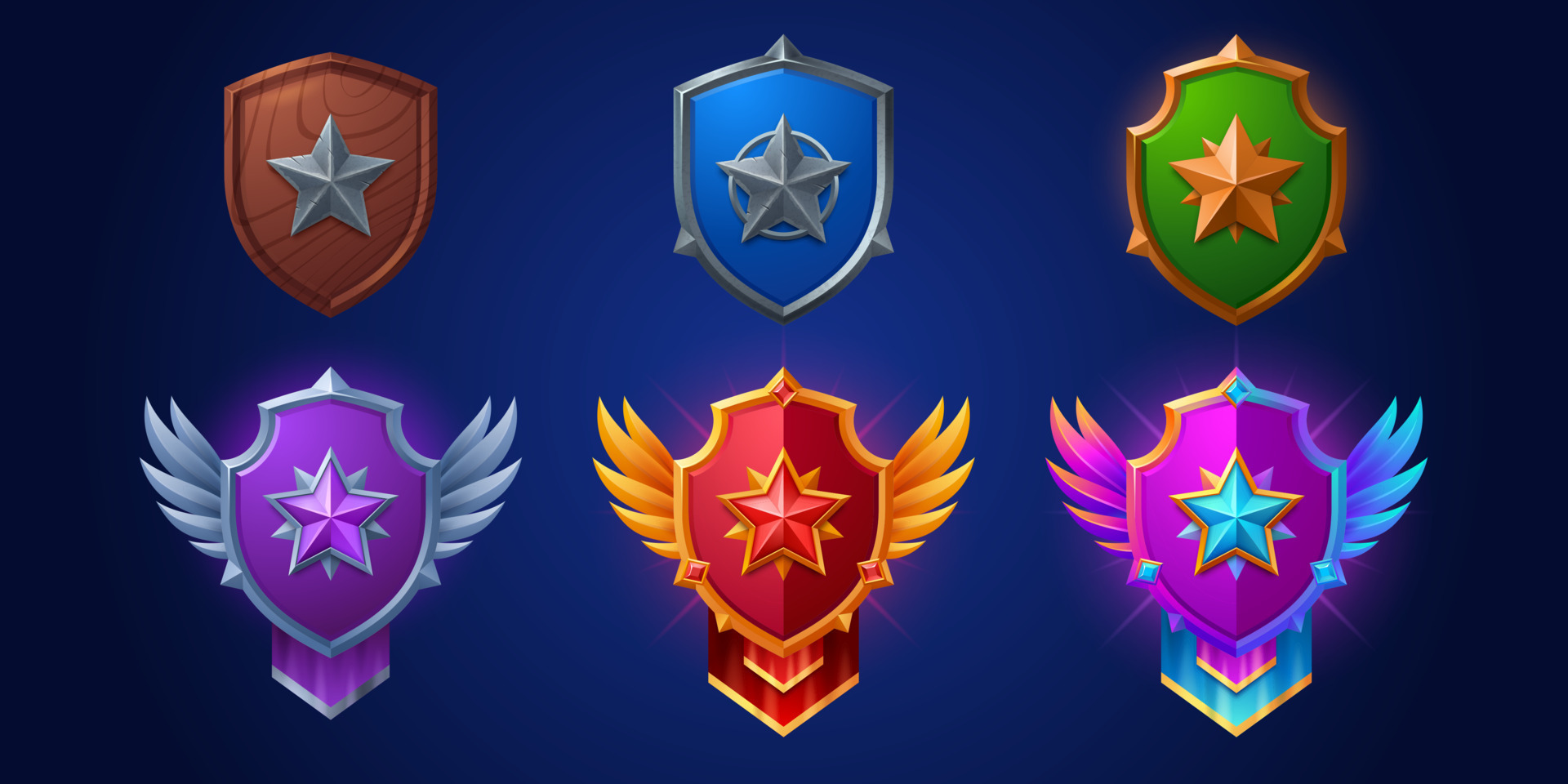 Game ranking badges with shields with star 20237387 Vector Art at Vecteezy