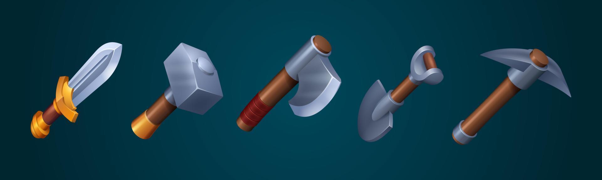 Axe, sword, pick, hammer and shovel game icons vector