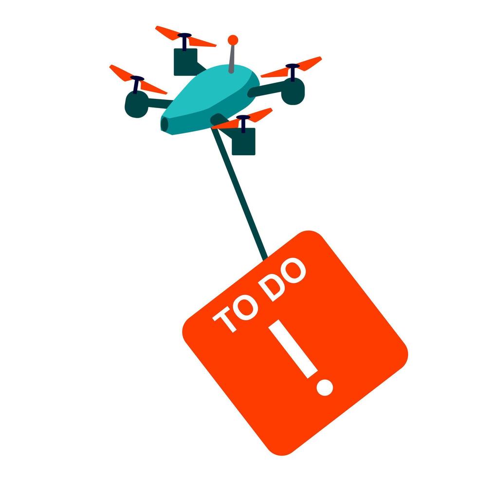Flying quadcopter carries urgent task card vector