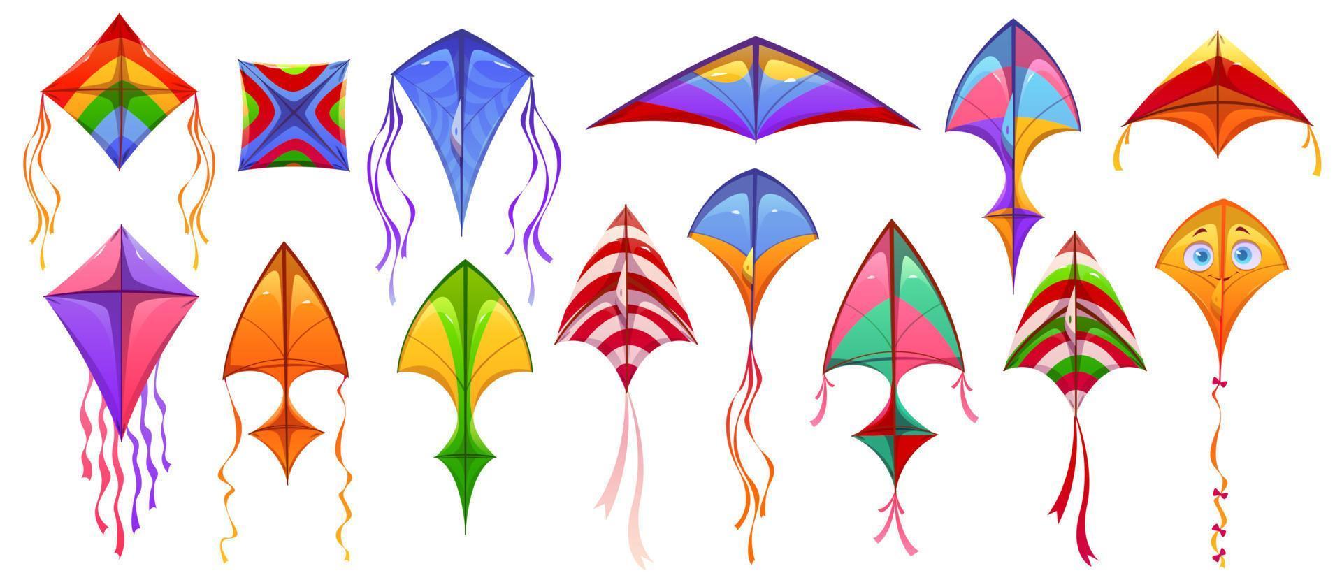 Kites icons, paper toys flying on wind in sky vector