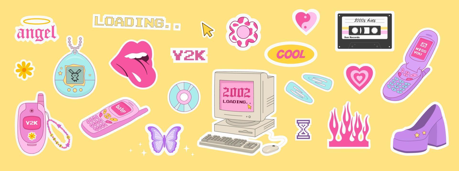 Y2k icons set. Vintage old phone, computer, flame, stickers. 2000s. Vector