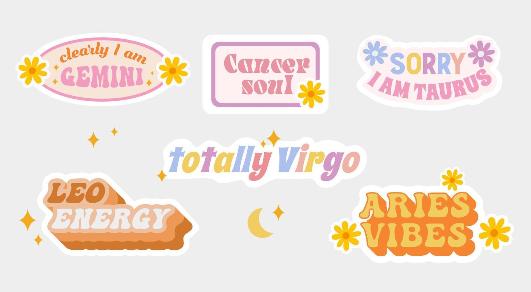 Zodiac signs. Libra, Pisces, Scorpio, Sagittarius, Aquarius, Capricorn. Funny stickers. Vector