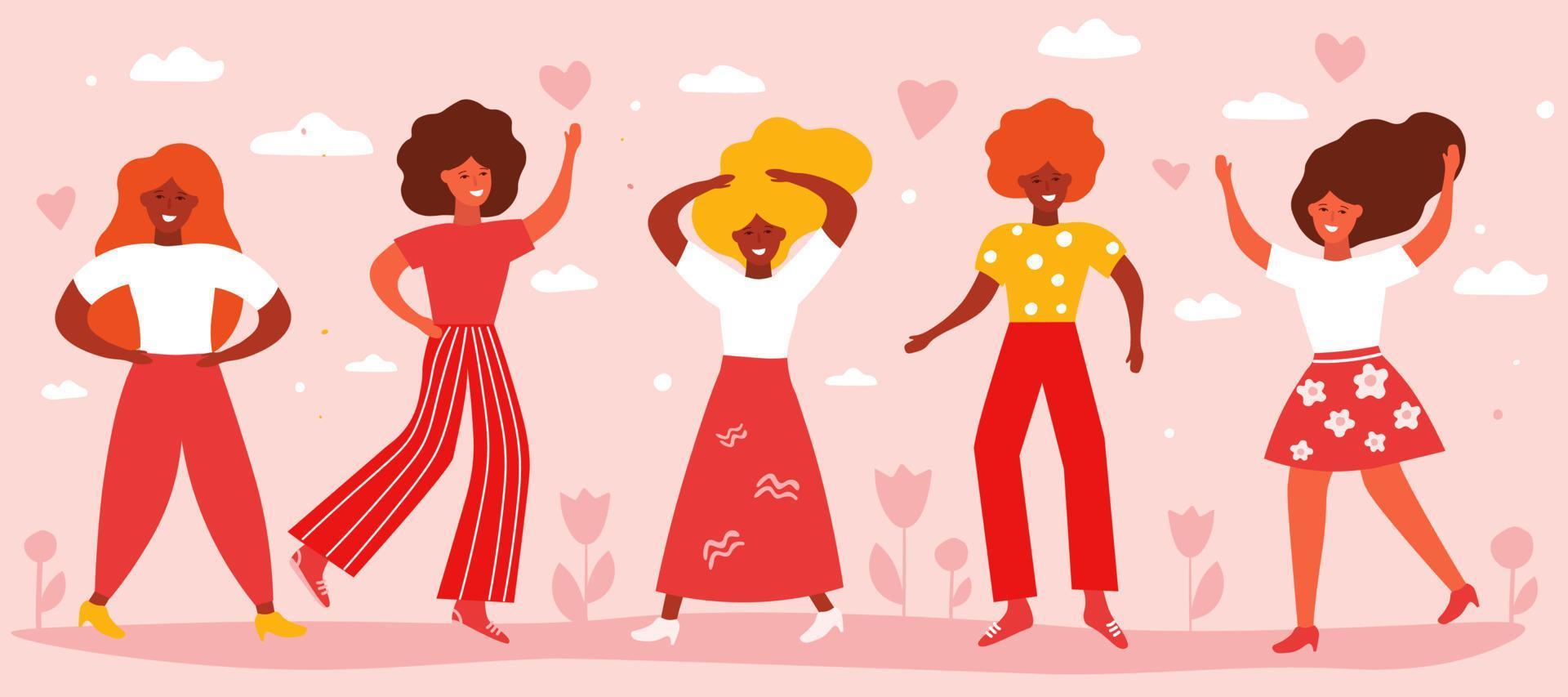 Beautiful women dance, rejoice, make friends. Happy bright females in spring on the background of flowers, hearts, clouds. Simple flat graphics. vector